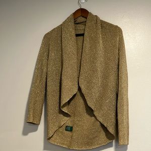 Lauren Ralph Lauren Gold Shimmer Open Front Metallic Silk Blend Cardigan Large